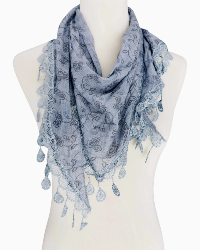 Blue Lace Fringe Triangular Floral Scarf