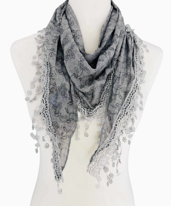 Grey Lace Fringe Triangular Floral Scarf