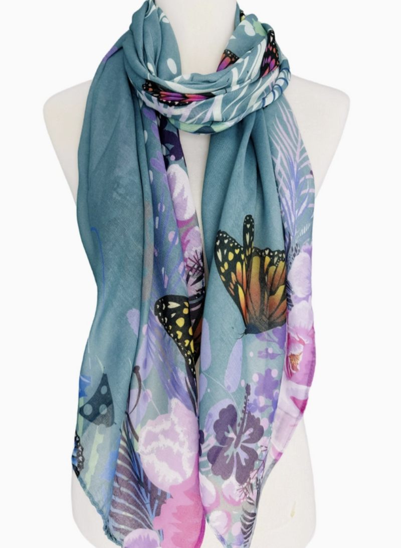 Aqua Butterfly & Floral Scarf