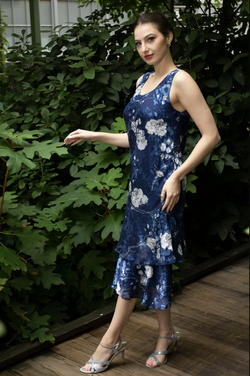 Navy Floral Silk Tea Length Dress Set