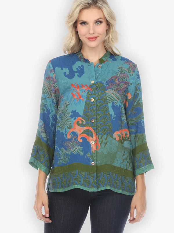 Waves & Cranes Blue Silk Blouse