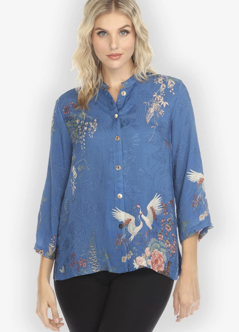 Wisteria Butterflies in Blue Silk Blouse