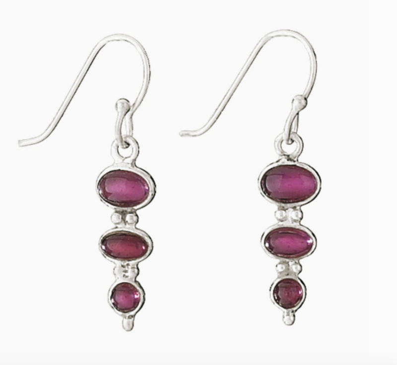 Three Stone Garnet Sterling Silver Earrings