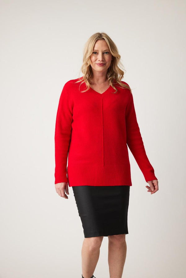 Red V-Neck Seam Sweater