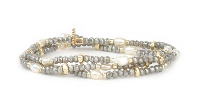 Gold Grey Crystal Beaded Pearl Wrap Bracelet