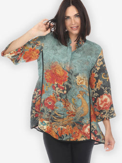 Blue Peacock Floral Shaped Silk Blouse