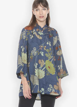 Garden in Blue Shaped Silk Blouse