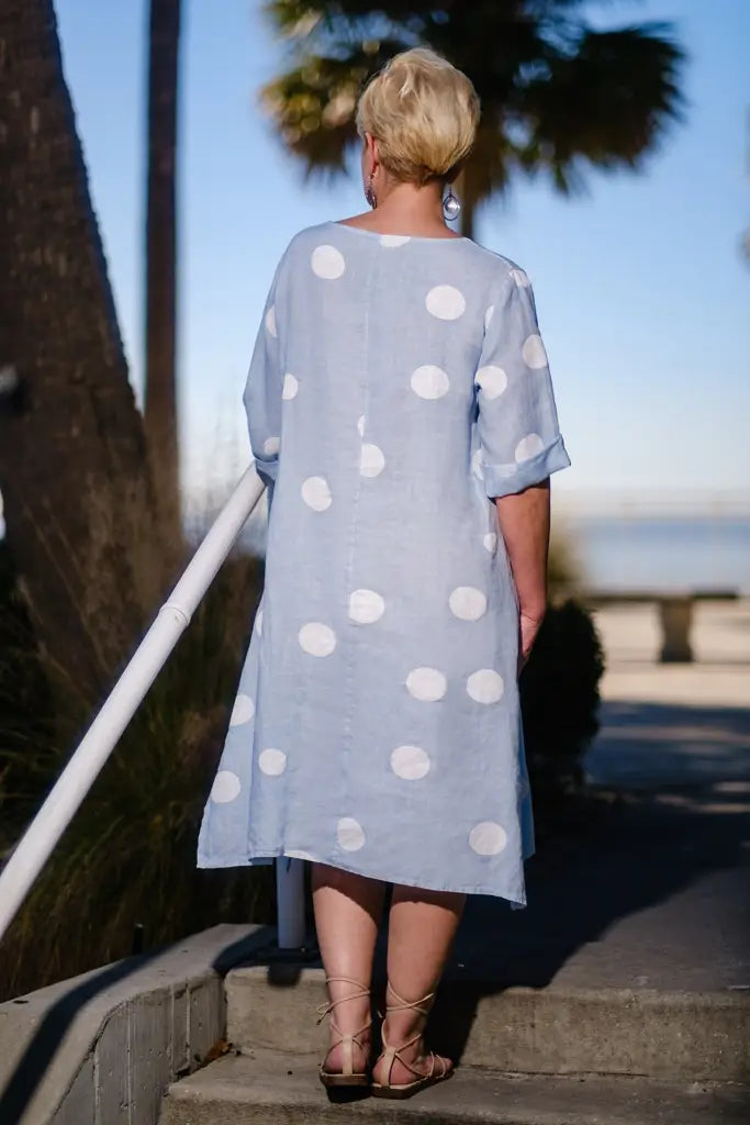 Ice Blue Linen Dot Dress