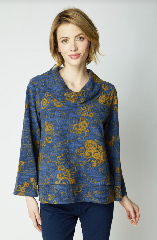 Navy Scroll Drape Neck Top