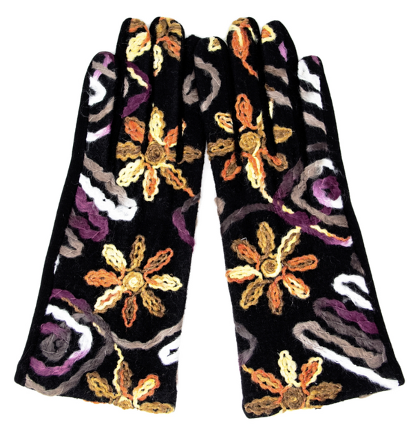 Brown Flower Embroidered Touch Screen Gloves