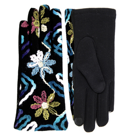 Teal Flower Embroidered Touch Screen Gloves