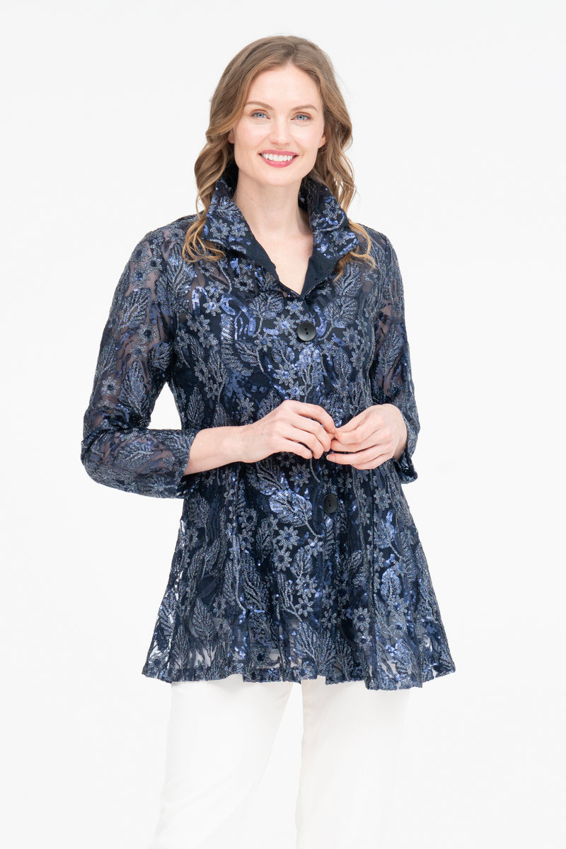 Navy Sequined Embroidered Jacket