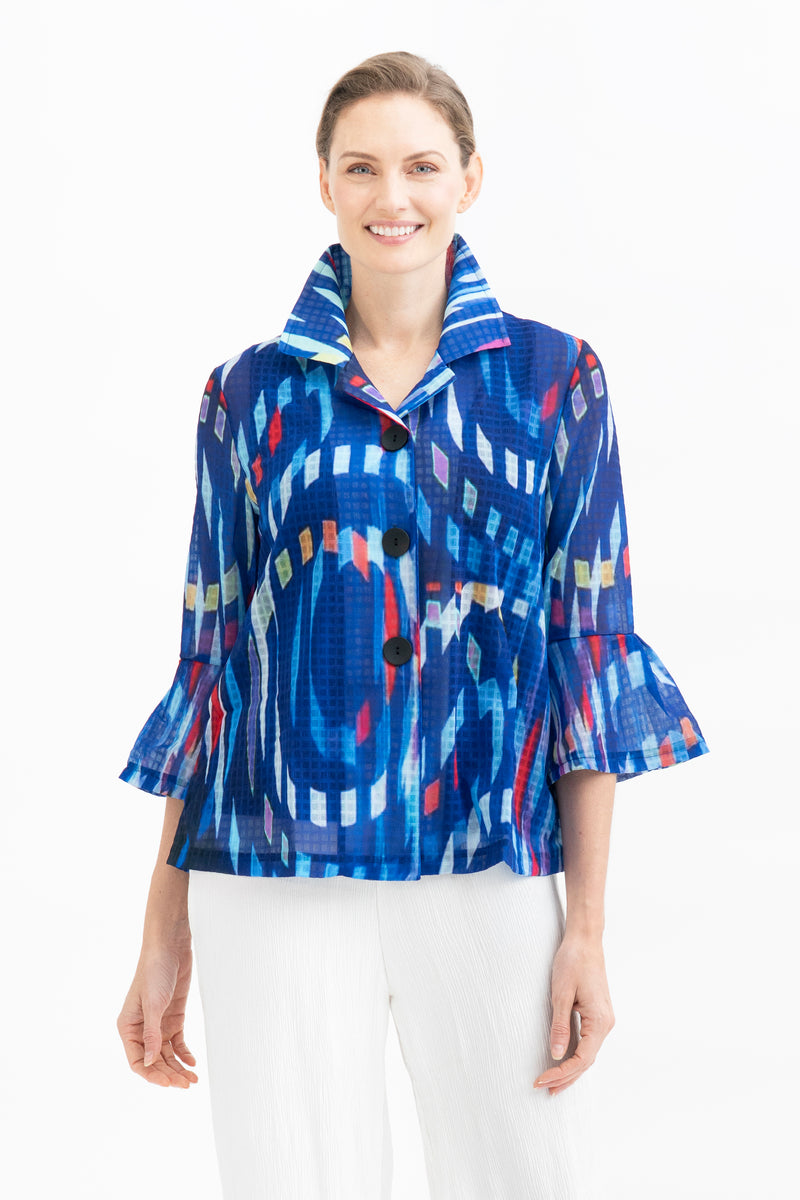 Blue Grid Mesh Button Jacket