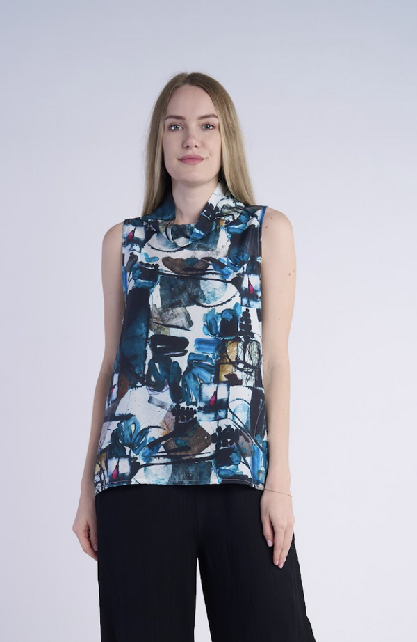 Navy Abstract Mock Neck Top