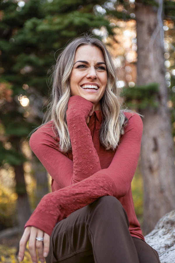 Red Quarter Zip Embroidered Top