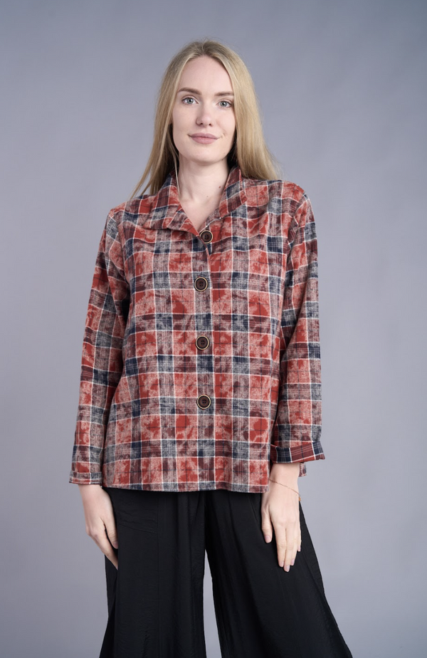 Red Plaid Button Blouse