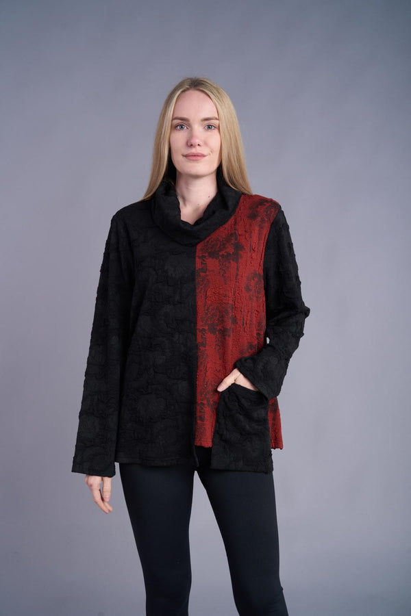 Red & Black Asym Hem Pocket Top