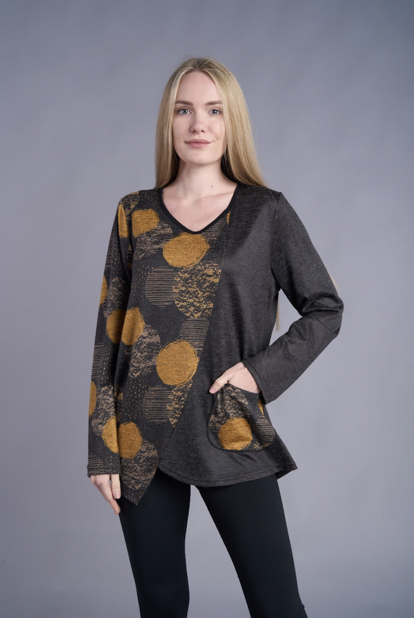 Mustard Grey Curved Hem Pocket Top