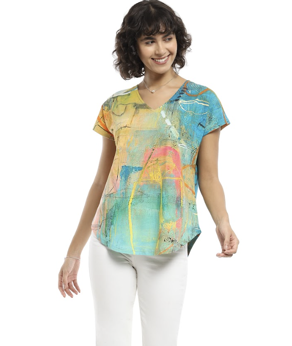 Turquoise Watercolor V-Neck Top