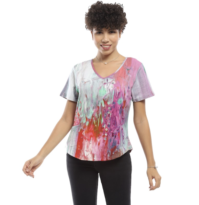 Pink Abstract V-Neck Top