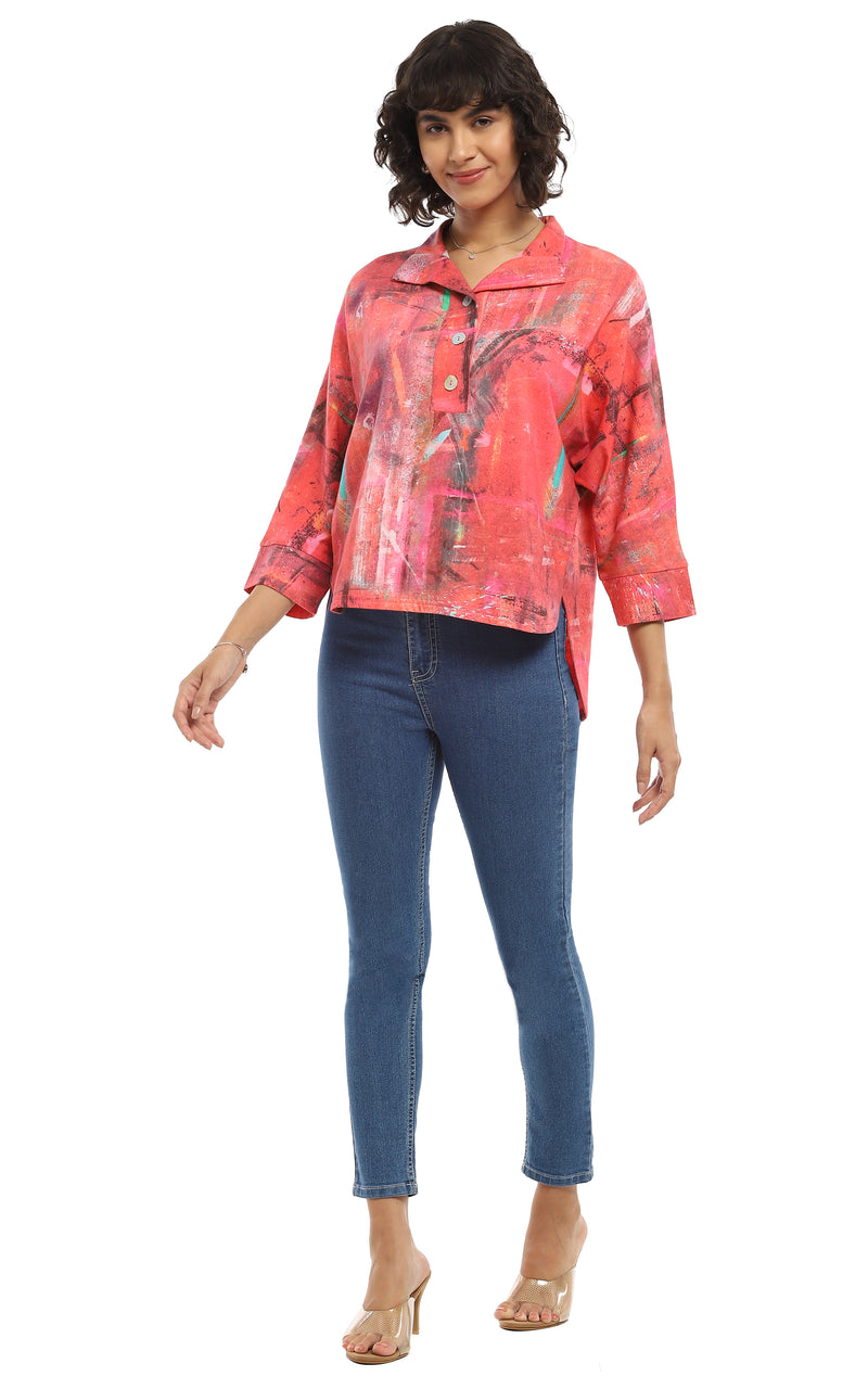 Coral Hi-Lo Button Top