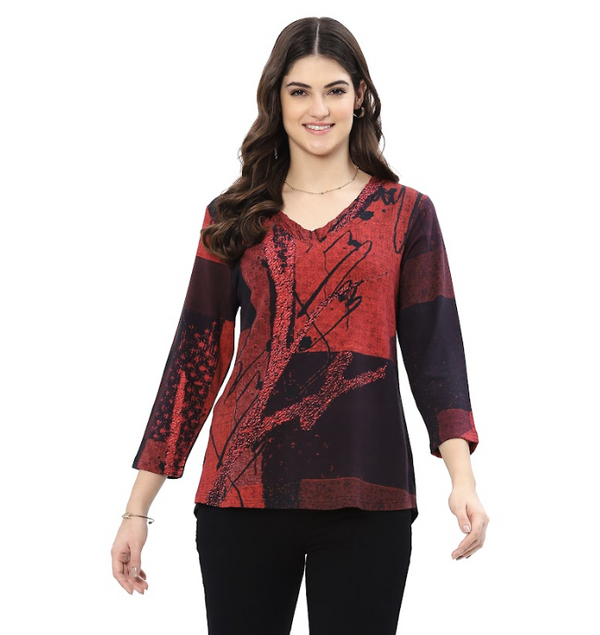 Red V-Neck Patch Top