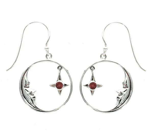 Garnet Star & Moon Drop Earrings