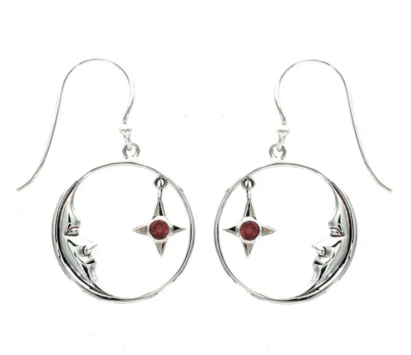 Garnet Star & Moon Drop Earrings