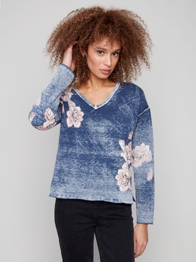 Reversible Denim Floral V-Neck Sweater