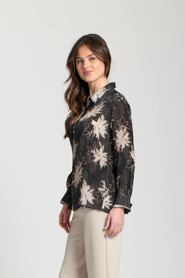Black Neutral Floral Button Top