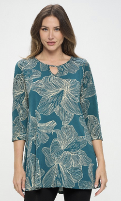 Teal Floral Key Hole Top