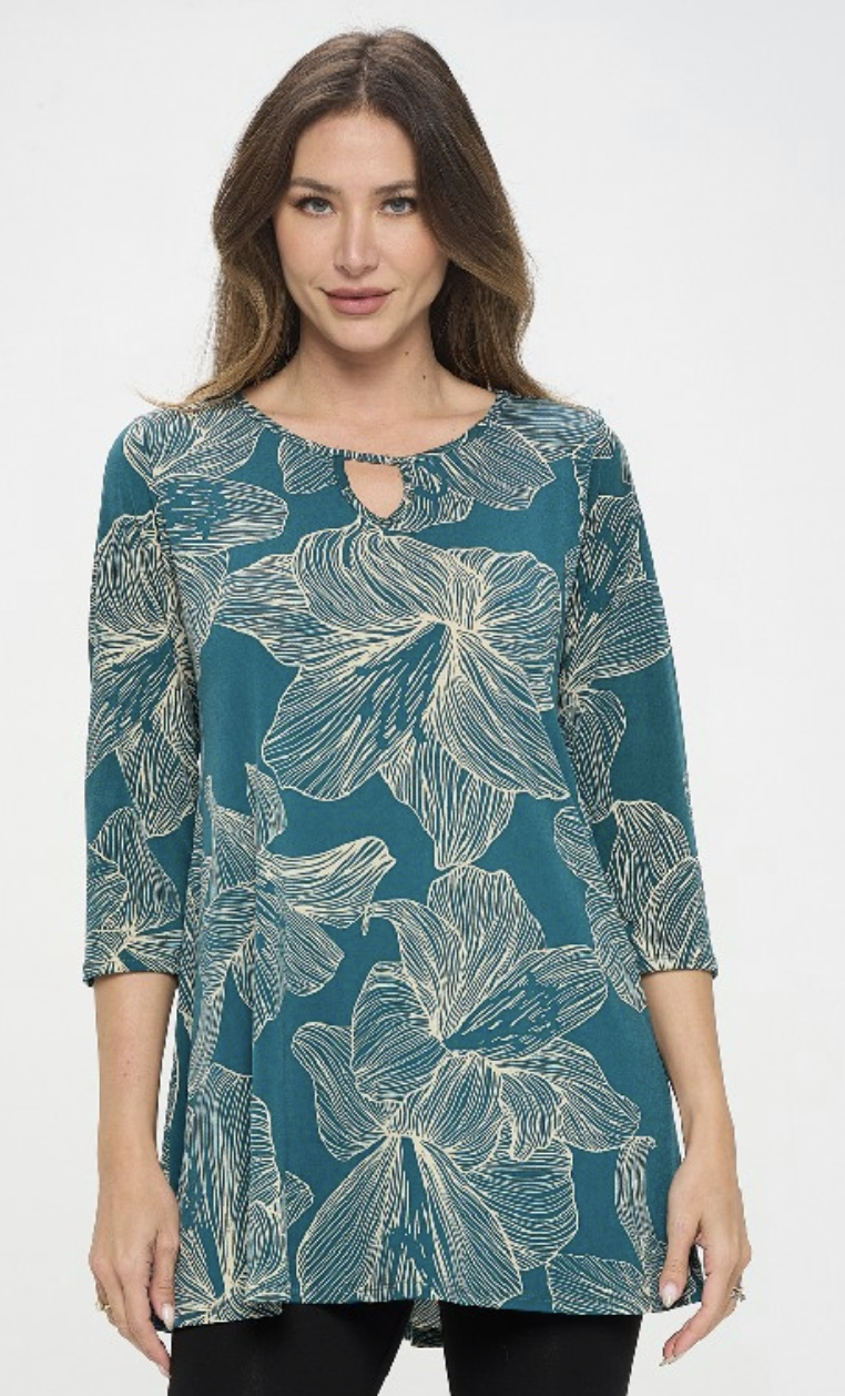 Teal Floral Key Hole Top