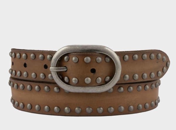 Brown Oval Buckle Leather Studded Belt