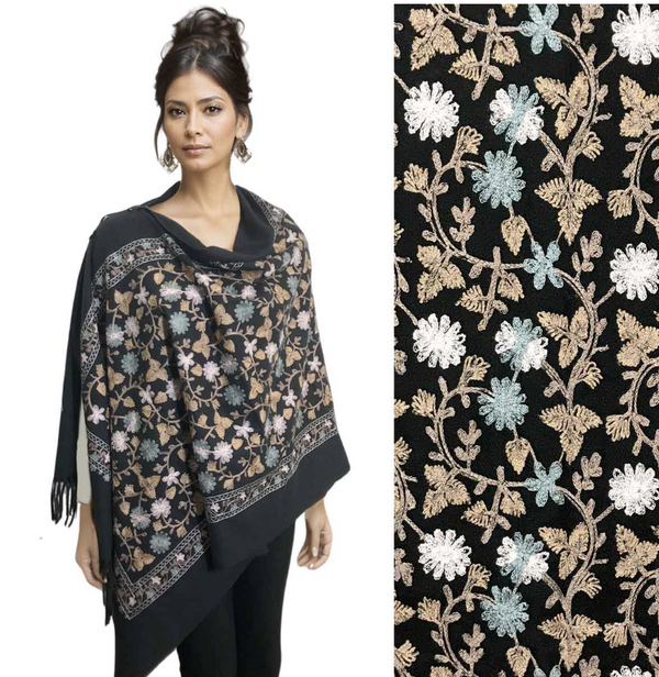 Black Floral Embroidered Button Shawl