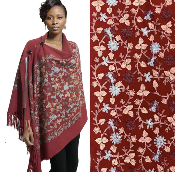 Burgundy Floral Embroidered Button Shawl