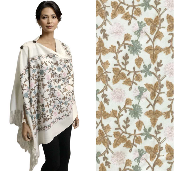 Cream Floral Embroidered Button Shawl