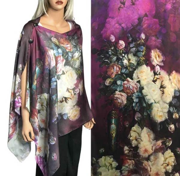 Magenta Florals Satin Charmeuse Button Shawl