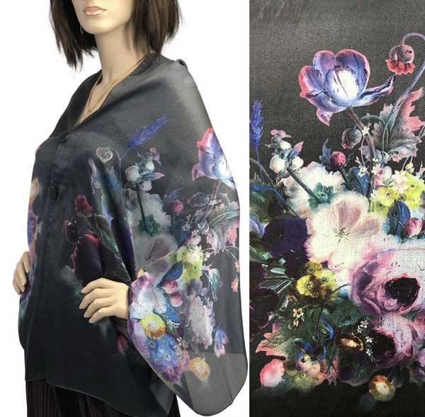 Black Florals Satin Charmeuse Button Shawl