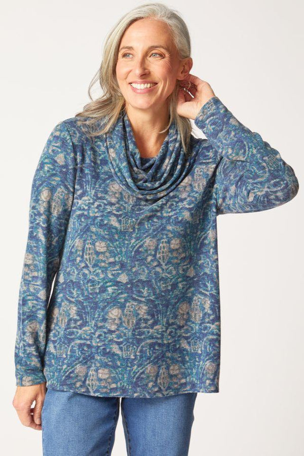 Blue Ink Fleece Cowl Neck Top