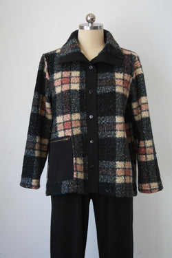 Black Plaid Sherpa Button Jacket