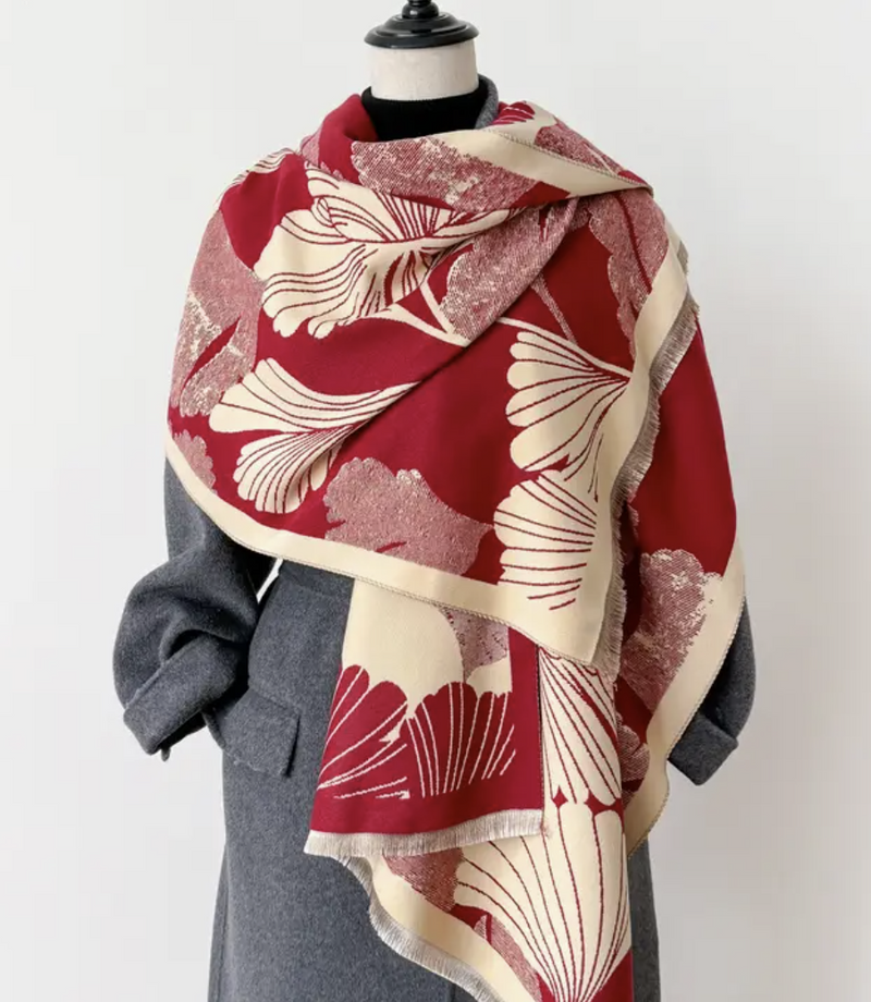 Red & Cream Ginkgo Reversible Wrap