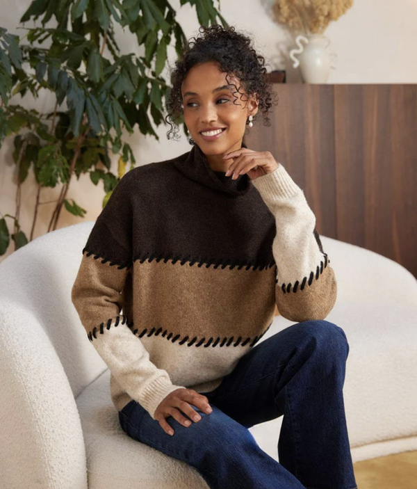 Stitch Mock Neck Colorblock Sweater