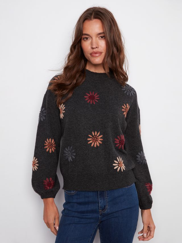 Flower Embroidered Grey Knit Sweater