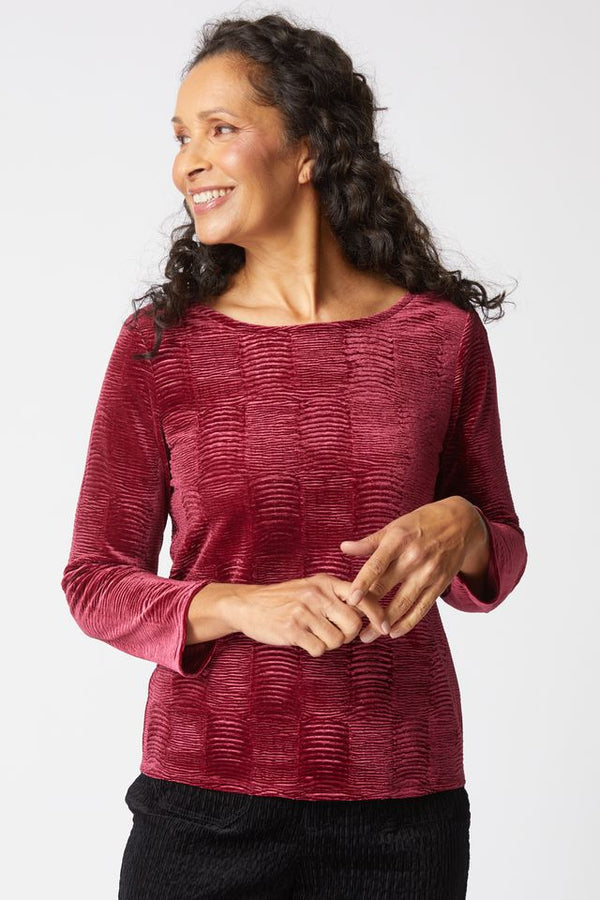 Wine Crinkle Velvet Boat Neck Top