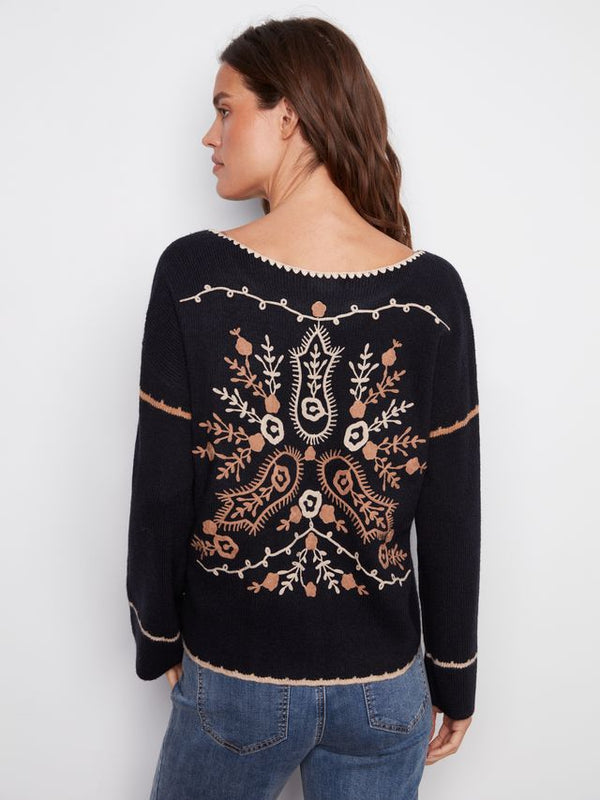 Navy Embroidered Knit Sweater