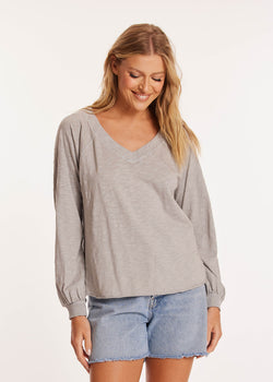 Silver V-Neck Long Sleeve Top