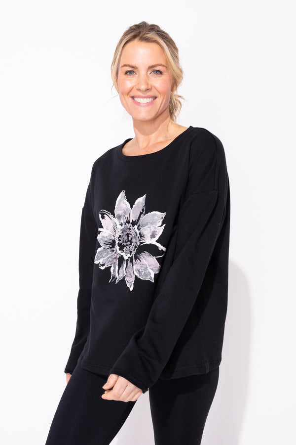 Black Flower Pullover Top