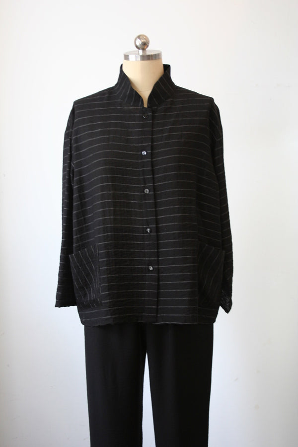 Black Pin Striped Button Top