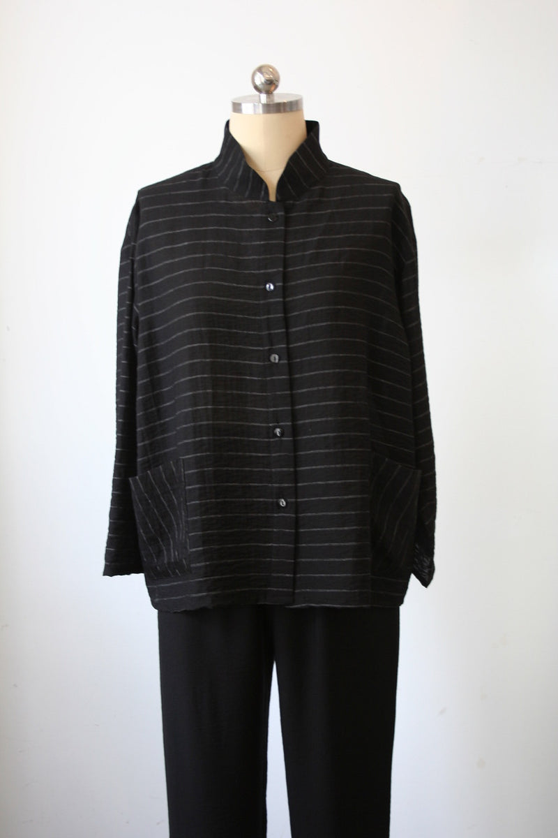Black Pin Striped Button Top