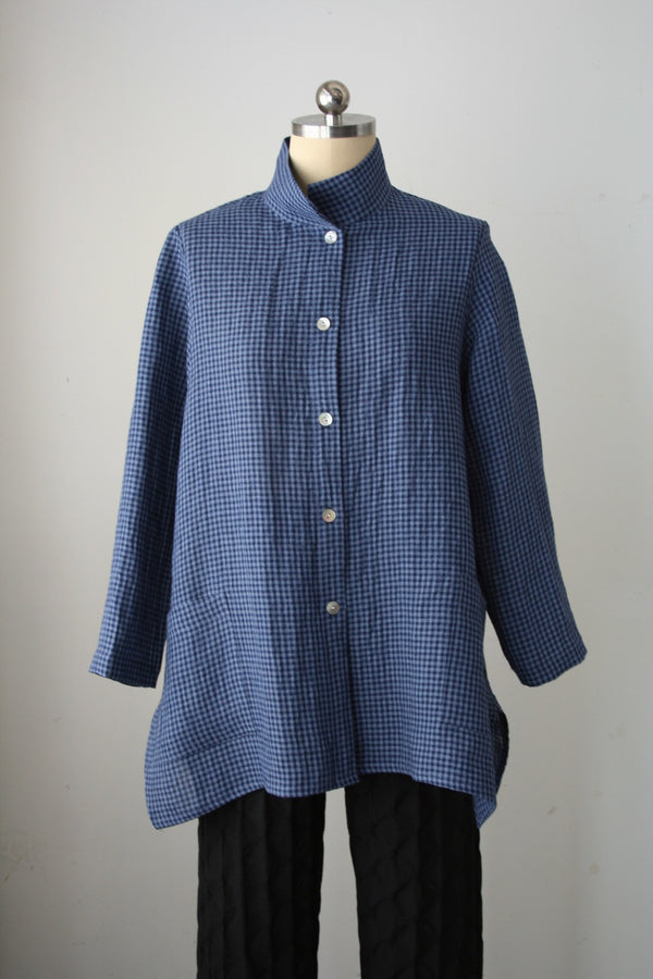 Blue Checkered Button Long Top